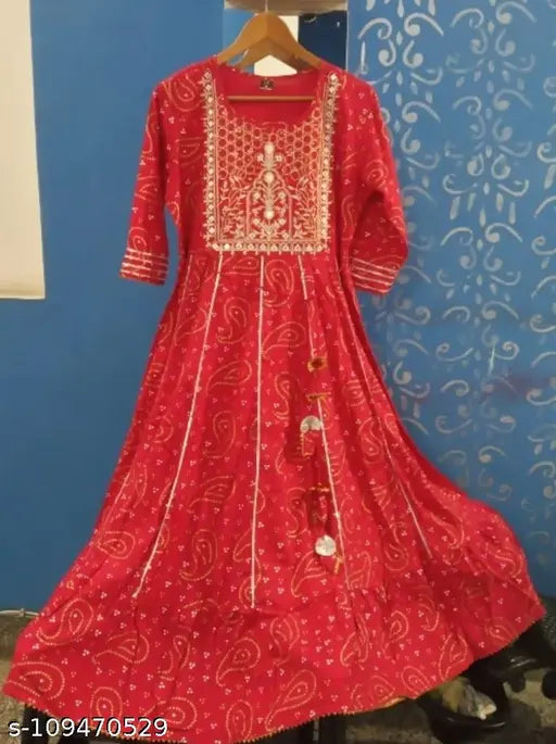 Rayon print anarkali kurti with stylish embroidery, three-quarter sleeves, India-made fashion wear