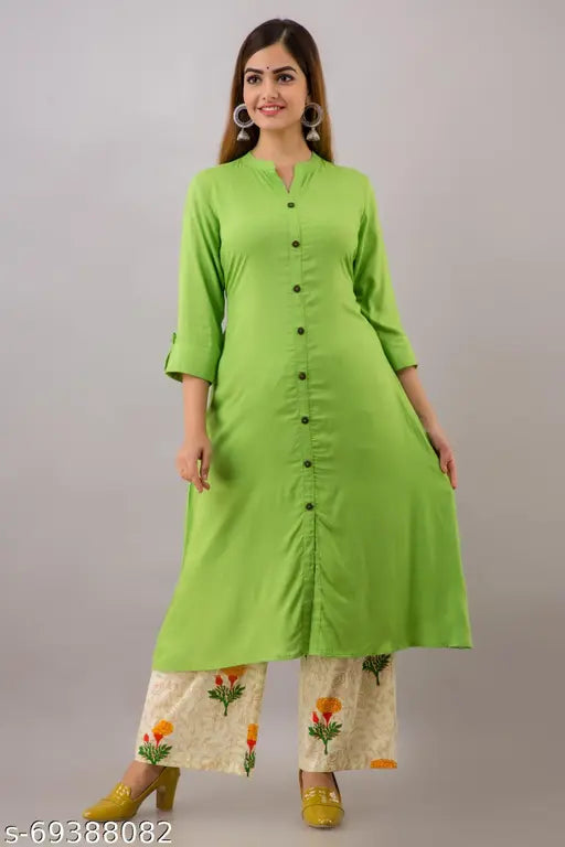 Rayon Solid Kurti & Printed Plazzo Set, stylish Indian A-line kurta with pocket, comfortable ethnic wear for women in various sizes
