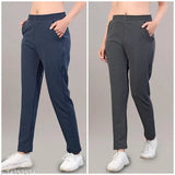 Women's striped polycotton track pants combo (dark grey & navy blue), self-designed for comfort with stretchable fabric & 2 side pockets, perfect for daily wear in India