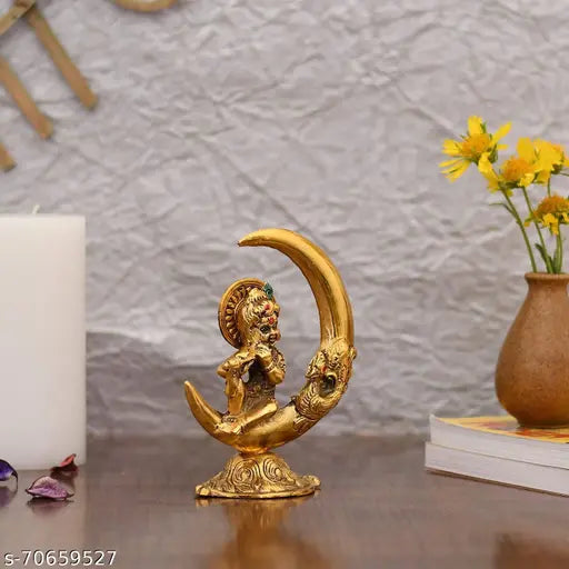 Gold-plated Krishna Idol Murti Statue, 10cm x 15cm x 6.5cm, Indian artistry in white metal for home decor or puja room gifts