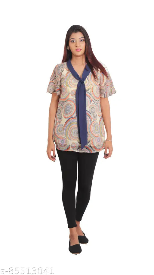 Chiffon printed tie-neck top, perfect for summer in plus size. RITIKA women's fashion from India