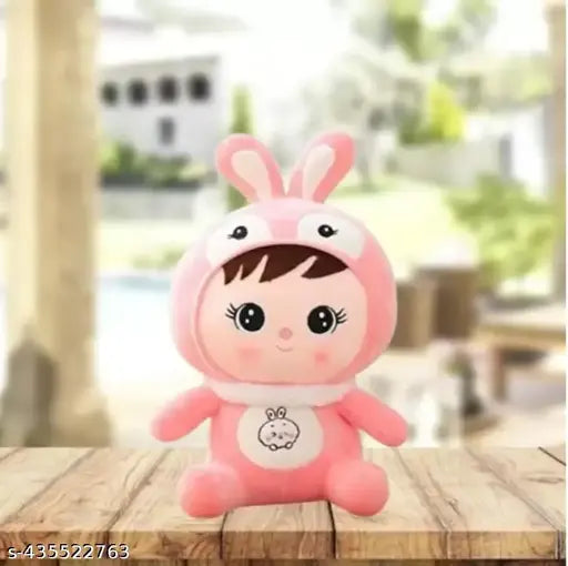 Pink Bunny Plush Toy: Soft, versatile stuffed doll with bunny cap, BIS/ISI certified
