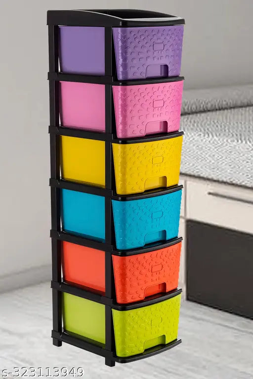 Six compartment multi-color modular drawer system with pull handles