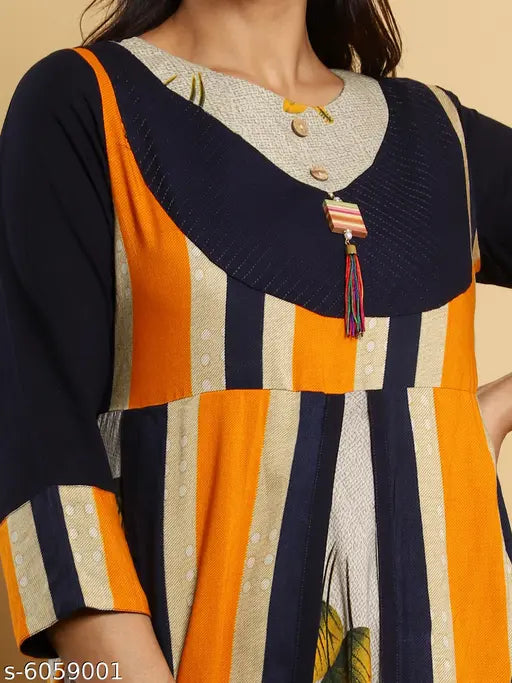 Blue rayon round-neck, 34th sleeve womens anarkali floor-length dress with plain print. Fully stitched, plain round neckline