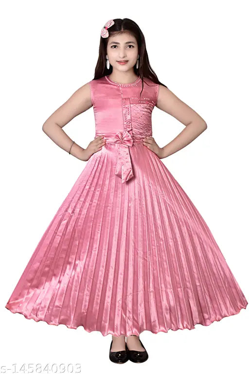 Pink pleated chiffon party gown for girls, long sleeves, fitted waist, floor length skirt