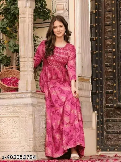 Embroidered rayon Anarkali Kurta with three-quarter sleeves, printed combo, S-XXXL sizes available