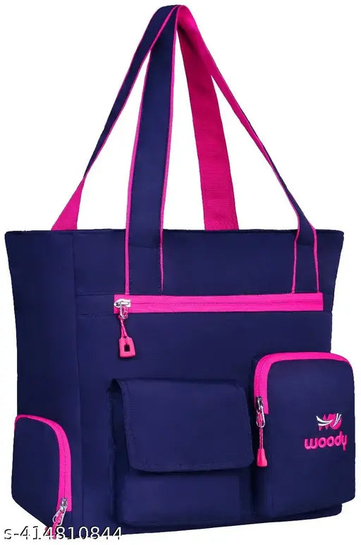 Black canvas shoulder bag with pink trim, 2 main pockets and multiple card slots, suitable for office and college