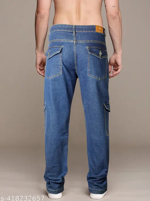 Black cotton-blend men's baggy dark blue jeans for everyday wear, comfortable and functional cargo fit