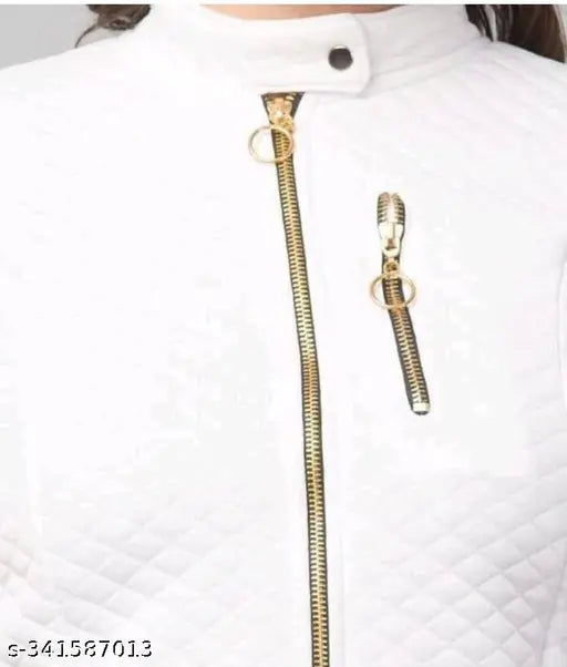 White wool quilted jacket with 2 zips, stylish women's fashion from India