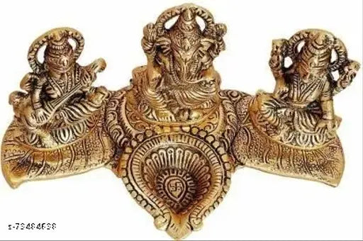 Gold-plated Laxmi Ganesh Saraswati showpiece statute with oil lamp Diya, Indian metal art for home decor