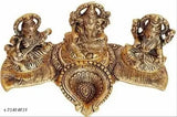 Gold-plated Laxmi Ganesh Saraswati showpiece statute with oil lamp Diya, Indian metal art for home decor