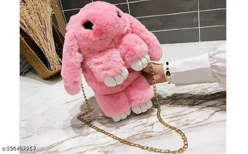 Pink faux fur sling bag with teddy ears and crossbody chain straps for kids