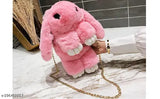 Pink faux fur sling bag with teddy ears and crossbody chain straps for kids