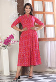 Rayon three-quarter sleeve printed fancy kurti set with sharara bottoms, Indian fashion wear on mannequin