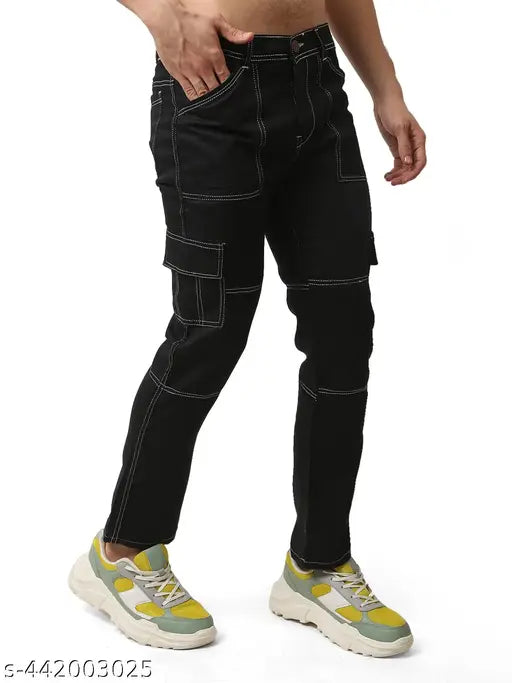 Black cargo denim jeans with zippered pockets, knee patching