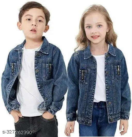 Girl wearing blue denim jacket with pocket, zip closure