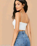 Striped cotton tank top for girls, western wear with solid net pattern, sleeveless, available in XS to XL sizes from India