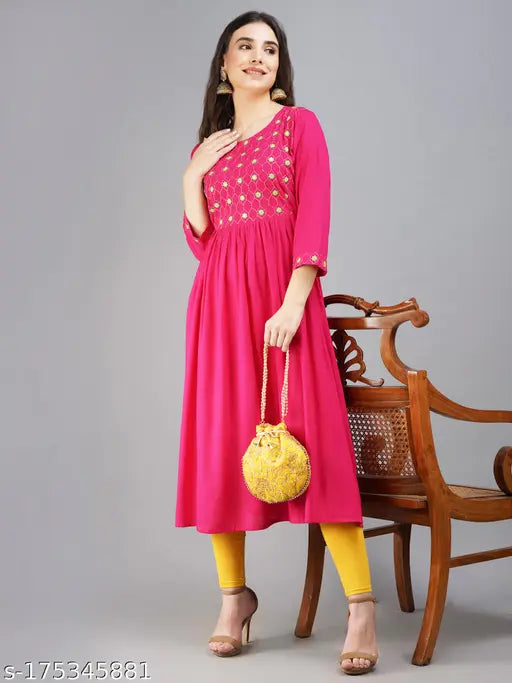Rayon embroidered women's anarkali kurta for festivals and parties, three-quarter sleeves, L size (40 in bust, 48 in length)