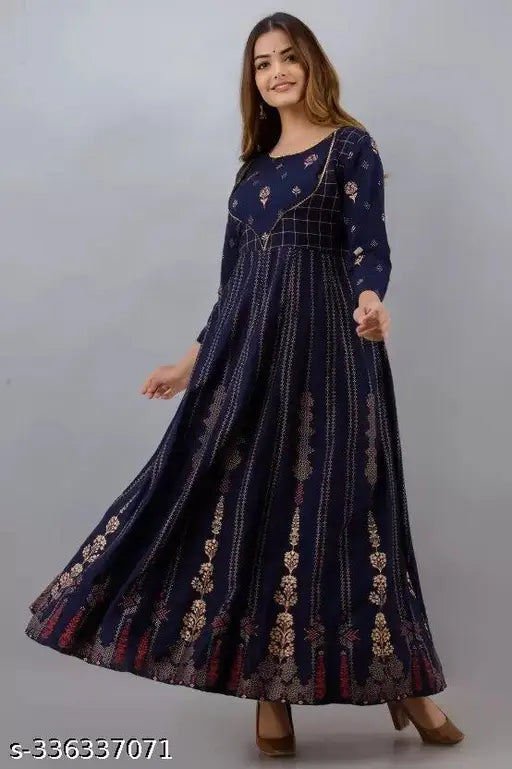 Rayon Anarkali kurti gown with gold buti print, three-quarter sleeves in various colors and sizes, trending Indian fashion