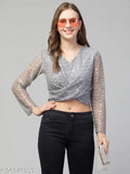 Embellished net knot style tinsel bling top, women's long sleeves, India-made, perfect for parties