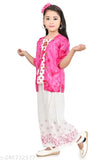 Rayon kurtis palazzo set for girls in ruffled crepe fabric with pom-poms and self-fabric belt