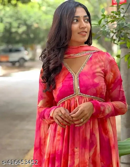 Women Designer Purple floral Georgette Gown Trending Stylish Casual Partywear Traditional Flared Printed kurta set Trending Fancy Kurta dupatta for Women | for Casual | Office | Festival Wear Partywear