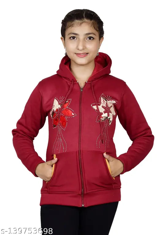 Girls maroon full sleeve embroidery hooded sweatshirt