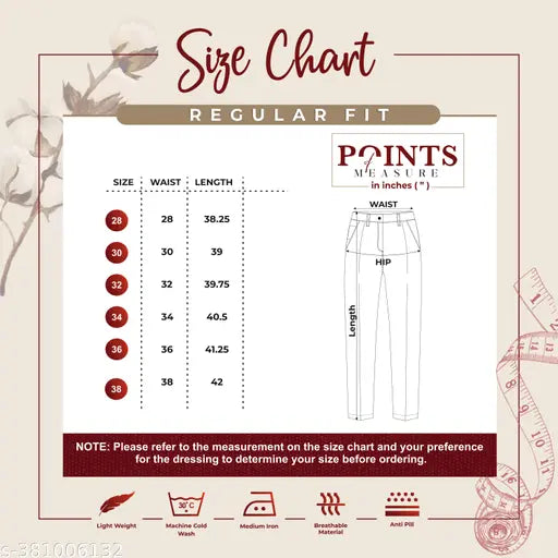 Solid brown cotton trousers for men's - 32" waist, 40" length, India-made menswear