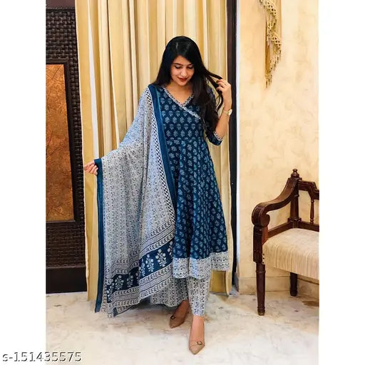 Vibrant Viscose-Chanderi Anarkali Kurta & Palazzo Set with Dupatta, printed Indian women's fashion