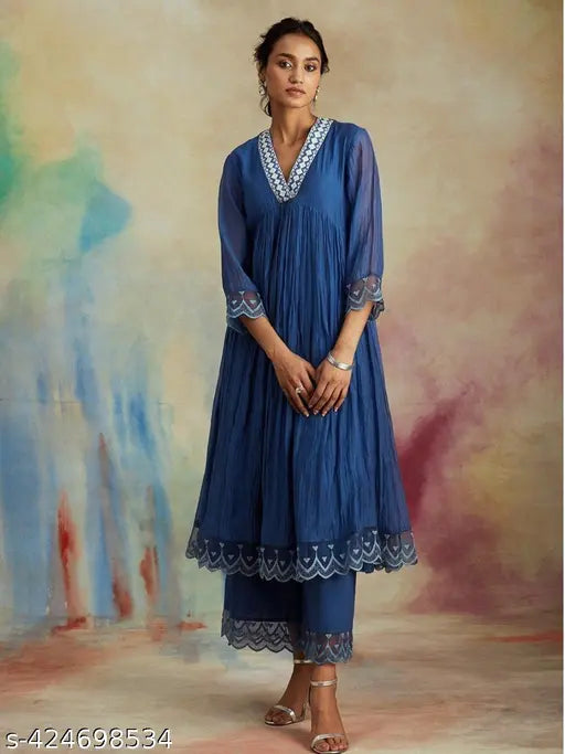 Viscose silk and organza Solid Kurta Dupatta Set with three-quarter sleeves, embroidered detailing. Max bust size up to 44", available in S, M, L, XL, XXL sizes