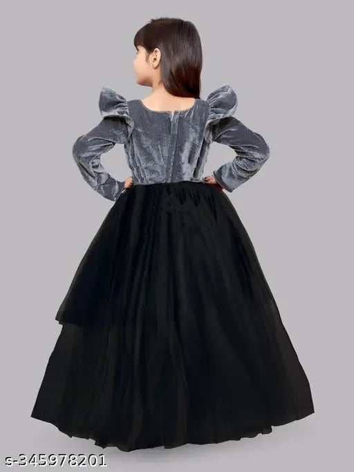 Black viscose rayon long-sleeve dress for girls (4-5, 5-6, 6-7 years), stylish party or wedding wear made in India