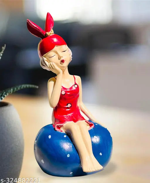 Cute Modern Thinking Red Girl Sitting On Stone Statue Figurines for Home Decor Outdoor, Living Room Decoration (8 Inches Height)