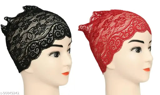 Black hijab cap, dark red scarf headband, 2 pieces