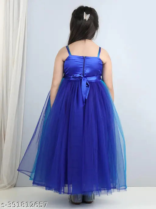 Blue net party dress for girls aged 2-11, full length and flared style, toy balloon design on solid background