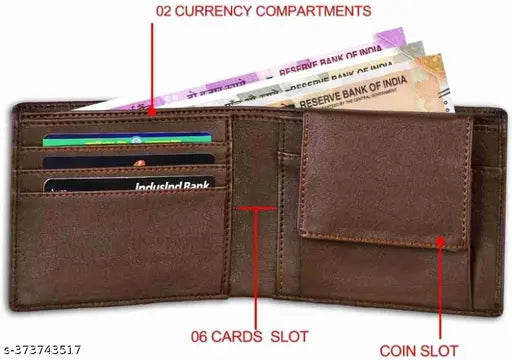 Brown PU men's wallet, fashionable latest design with 5 compartments. Solid leather feel, strong stitching for durability. Compact size for pocket convenience, extra sleeves for photos and cards. Perfect gift accessory for men, lightweight and portable. Made in India