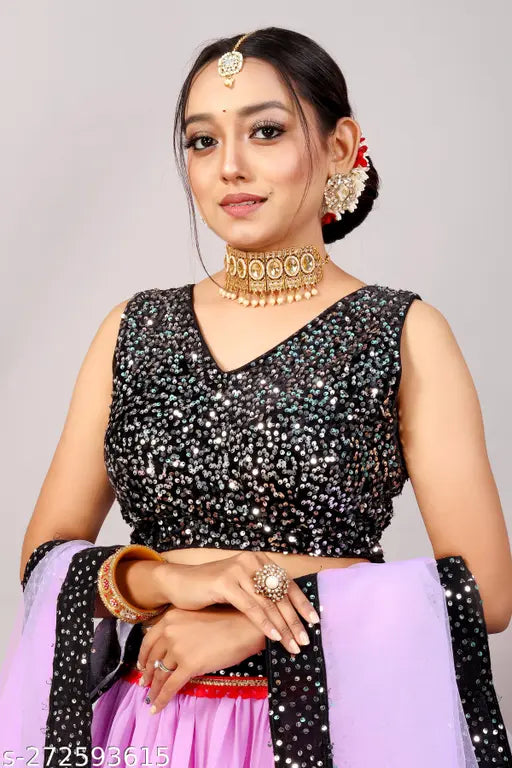 Embroidered velvet and georgette lehenga choli with net dupatta, semi-stitched, Indian bridal wear" (125 characters)