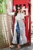 White Georgette long-sleeved kurti with center slit and frills, luxury party wear for events and casual outings