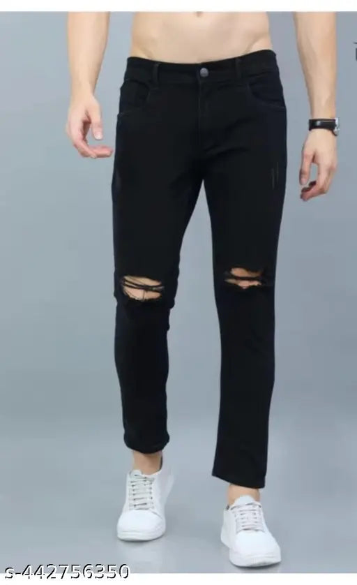 Black denim men's jeans, newly designed by CAMFITS. Solid black print, size 28/30/32 (waist 28in/30in/32in, length 40in, hip 30in/32in/34in). Made in India