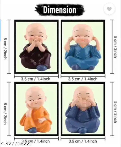 Resin figurines: 4-piece baby monk set, handcrafted from India, 2" x 1.5" x 2