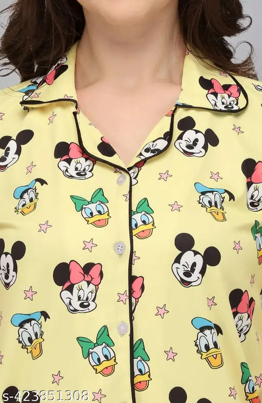 Women's yellow printed polycotton shirt and pyjama set, stylish half-sleeve top and matching pants with elastic waistband, vibrant, eye-catching patterns, soft and breathable fabric