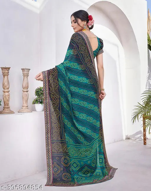 Blue and green patterned saree with blouse. Trendy design with lace georgette fabric, ideal for occasions