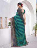 Blue and green patterned saree with blouse. Trendy design with lace georgette fabric, ideal for occasions