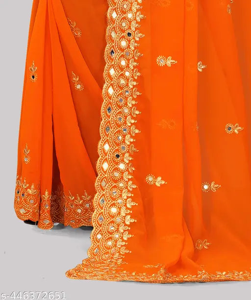Orange georgette glass mirror saree with lace and embroidery details