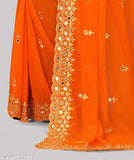 Orange georgette glass mirror saree with lace and embroidery details
