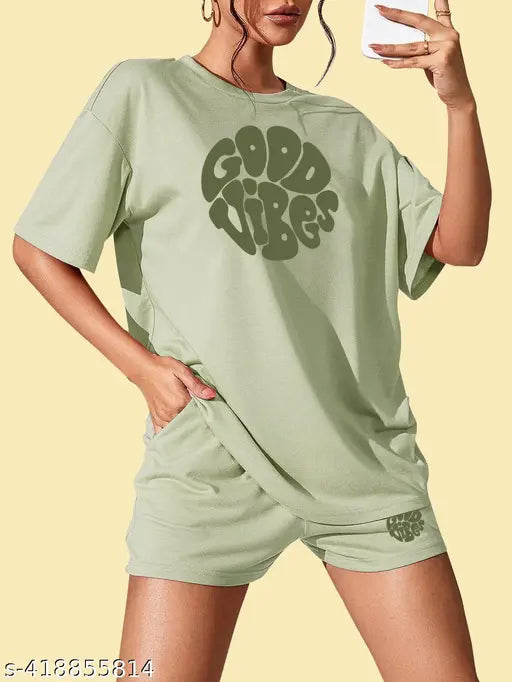 Pista Green Pure Cotton Printed Night Suit Set: Women's top & shorts, high-quality Indian cotton fabric, versatile style for comfort and elegance