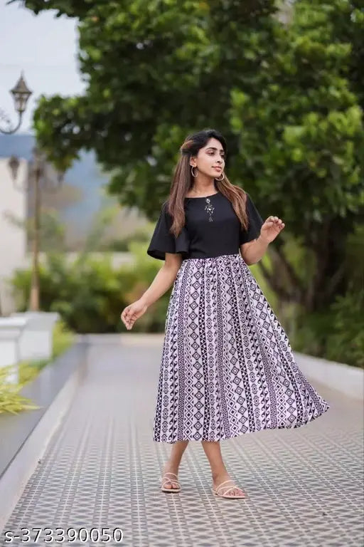 High Tranding Stitched Fancy Rayon Flared Printed Ghera Kurti, vibrant print on rayon fabric, women's casual wear with short sleeves in various sizes