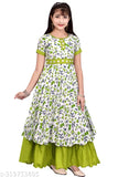 Green cotton blend short sleeve casual western wear gown dress for girls, stylish and versatile for summer playdates or parties