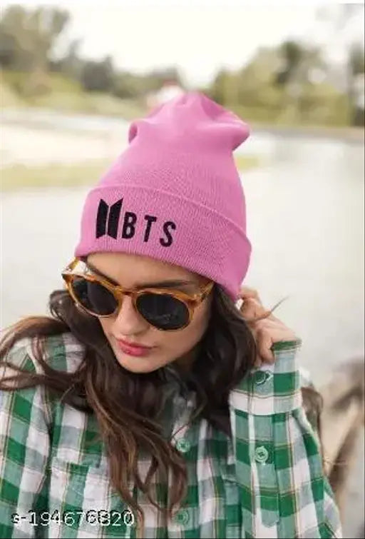 Black, knitted beanie with pink BTS embroidery, for both boys and girls