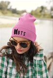 Black, knitted beanie with pink BTS embroidery, for both boys and girls