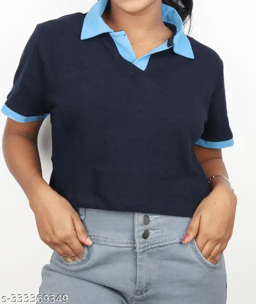 Contrast collar cotton t-shirt, solid design, short sleeves, XS to XXXXL sizes available